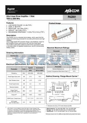 PA2001 datasheet - Ultra Linear Driver Amplifier - 1 Watt 1800 to 2000 MHz