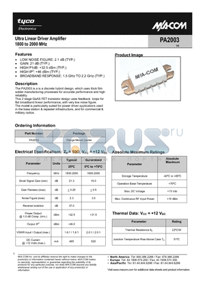 PA2003 datasheet - Ultra Linear Driver Amplifier 1800 to 2000 MHz