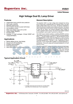 HV841 datasheet - High Voltage Dual EL Lamp Driver