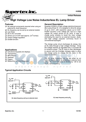 HV850 datasheet - High Voltage Low Noise Inductorless EL Lamp Driver