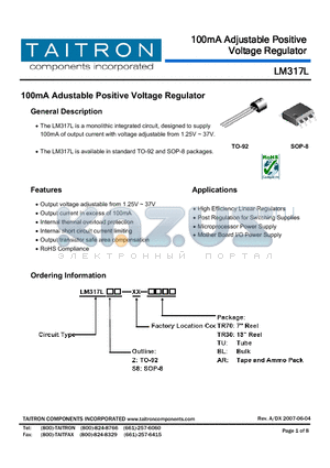 LM317LS8-XX-TU datasheet - 100mA Adjustable Positive Voltage Regulator