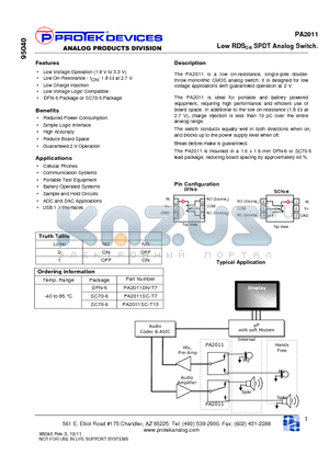 PA2011SC-T13 datasheet - Low RDSON SPDT Analog Switch.