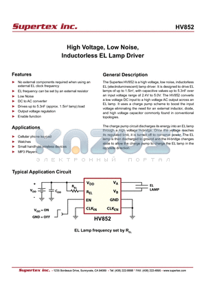 HV852_07 datasheet - High Voltage, Low Noise, Inductorless EL Lamp Driver