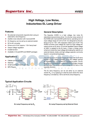 HV853 datasheet - High Voltage, Low Noise, Inductorless EL Lamp Driver