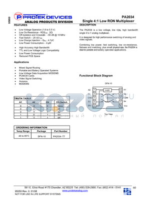 PA2034 datasheet - Single 4:1 Low RON Multiplexer