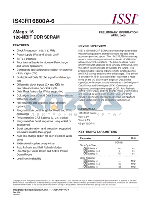 IS43R16800A-6TL datasheet - 8Meg x 16 128-MBIT DDR SDRAM