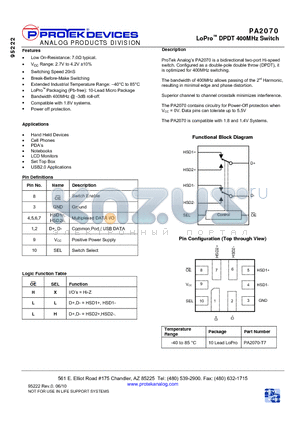 PA2070 datasheet - LoPro DPDT 400MHz Switch