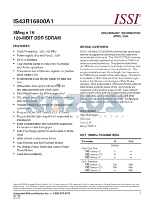 IS43R16800A1 datasheet - 8Meg x 16 128-MBIT DDR SDRAM