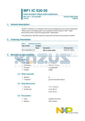 MF1ICS2005 datasheet - Sawn bumped 120lm wafer addendum