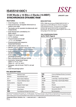 IS45S16100C1 datasheet - 512K Words x 16 Bits x 2 Banks (16-MBIT) SYNCHRONOUS DYNAMIC RAM