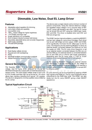 HV861 datasheet - Dimmable, Low Noise, Dual EL Lamp Driver