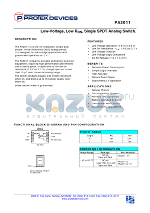 PA2011 datasheet - Low-Voltage, Low RON, Single SPDT Analog Switch.