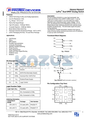 PA2222T-T7 datasheet - LoPro Dual SPDT Analog Switch