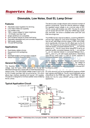 HV862K7-G datasheet - Dimmable, Low Noise, Dual EL Lamp Driver