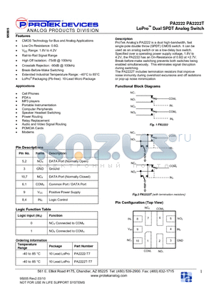 PA2222 datasheet - LoPro Dual SPDT Analog Switch