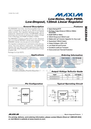MAX8940 datasheet - Low-Noise, High PSRR, Low-Dropout, 120mA Linear Regulator