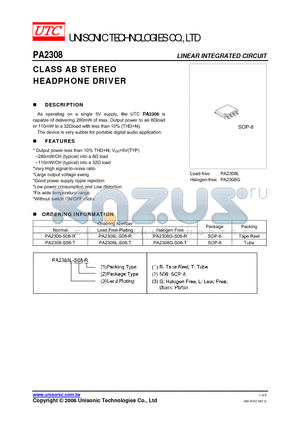 PA2308-S08-R datasheet - CLASS AB STEREO HEADPHONE DRIVER