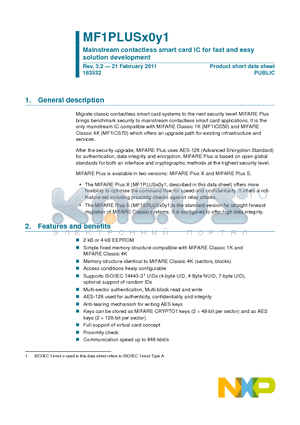 MF1PLUS6031DUD03 datasheet - Mainstream contactless smart card IC for fast and easy solution development