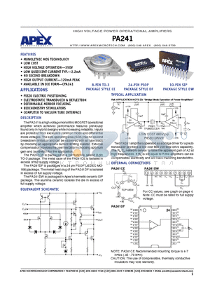 PA241 datasheet - High Voltage Power Operational Amplifiers