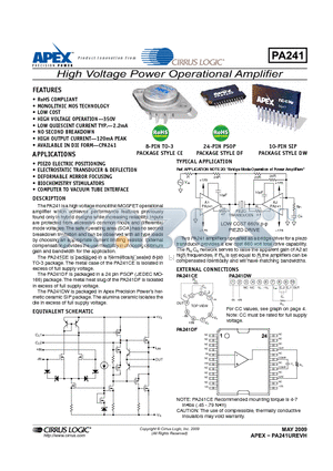 PA241 datasheet - High Voltage Power Operational Amplifier