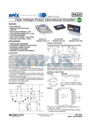 PA241 datasheet - High Voltage Power Operational Amplifier