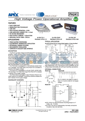 PA241DF datasheet - High Voltage Power Operational Amplifier