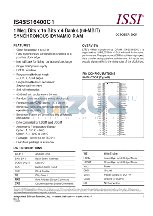 IS45S16400C1-7TLA datasheet - 1 Meg Bits x 16 Bits x 4 Banks (64-MBIT) SYNCHRONOUS DYNAMIC RAM