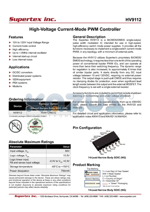 HV9112NG-G datasheet - High-Voltage Current-Mode PWM Controller