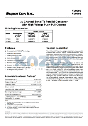 HV9308 datasheet - 32-Channel Serial To Parallel Converter With High Voltage Push-Pull Outputs