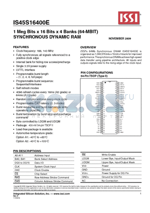 IS45S16400E-6TLA1 datasheet - 1 Meg Bits x 16 Bits x 4 Banks (64-MBIT) SYNCHRONOUS DYNAMIC RAM