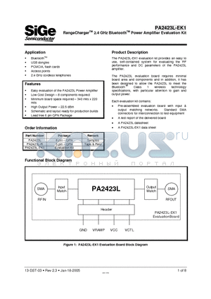 PA2423L datasheet - RangeChargerTM 2.4 GHz BluetoothTM Power Amplifier Evaluation Kit