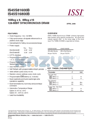 IS45S16800B datasheet - 16Meg x 8, 8Meg x16 128-MBIT SYNCHRONOUS DRAM