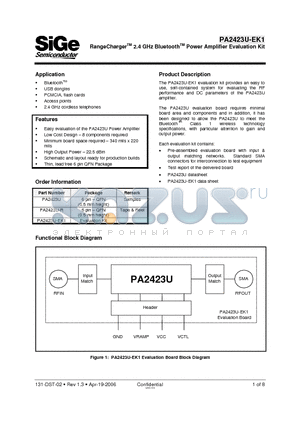 PA2423U datasheet - RangeChargerTM 2.4 GHz BluetoothTM Power Amplifier Evaluation Kit