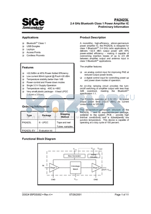 PA2423L-EV datasheet - 2.4 GHz Bluetooth Class 1 Power Amplifier IC Preliminary Information