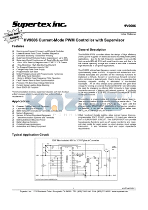 HV9606 datasheet - HV9606 Current-Mode PWM Controller with Supervisor