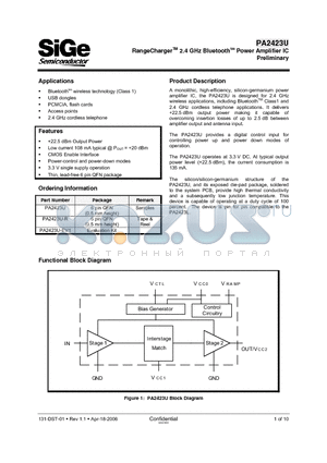 PA2423U-R datasheet - RangeChargerTM 2.4 GHz Bluetoothtm Power Amplifier IC Preliminary