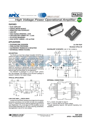 PA243 datasheet - High Voltage Power Operational Amplifier