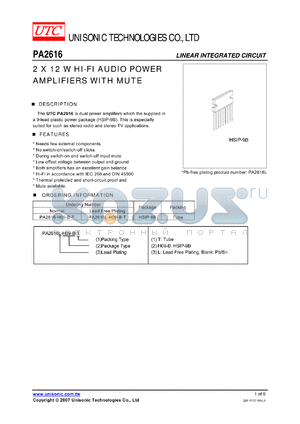 PA2616 datasheet - 2 X 12 W HI-FI AUDIO POWER AMPLIFIERS WITH MUTE