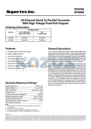HV9708 datasheet - 32-Channel Serial To Parallel Converter With High Voltage Push-Pull Outputs