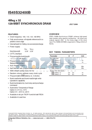 IS45S32400B-7TLA1 datasheet - 4Meg x 32 128-MBIT SYNCHRONOUS DRAM