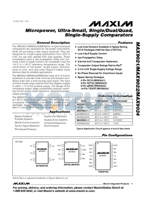 MAX9021AUK-T datasheet - Micropower, Ultra-Small, Single/Dual/Quad, Single-Supply Comparators