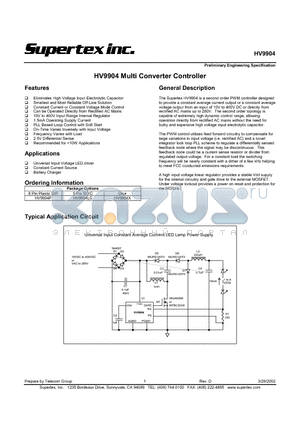 HV9904X datasheet - HV9904 Multi Converter Controller