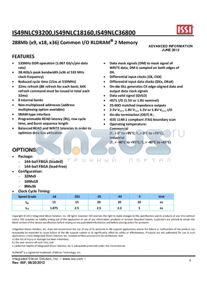 IS49NLC18160 datasheet - 288Mb (x9, x18, x36) Common I/O RLDRAM 2 Memory