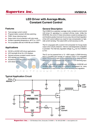 HV9861A datasheet - LED Driver with Average-Mode, Constant Current Control