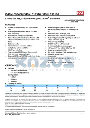 IS49NLC36160 datasheet - 576Mb (x9, x18, x36) Common I/O RLDRAM 2 Memory