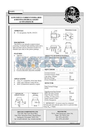 IS6051 datasheet - LOW INPUT CURRENT INFRA-RED EMITTING DIODE & LIGHT ACTIVATED SCR