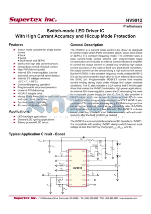 HV9912 datasheet - Switch-mode LED Driver IC With High Current Accuracy and Hiccup Mode Protection