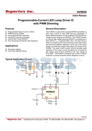 HV9925 datasheet - Programmable-Current LED Lamp Driver IC with PWM Dimming