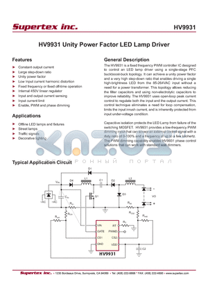 HV9931 datasheet - HV9931 Unity Power Factor LED Lamp Driver