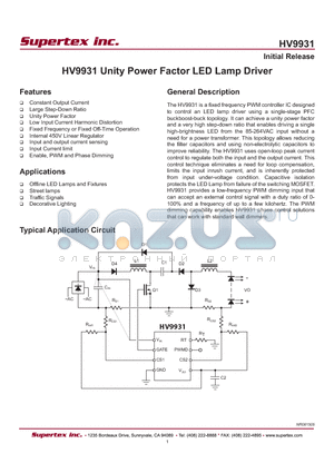 HV9931 datasheet - UNITY POWER FACTOR LED LAMP DRIVER